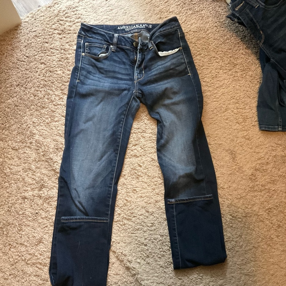 American Eagle Outfitters Blue Skinny Jeans Super Stretch Dark with Fading
